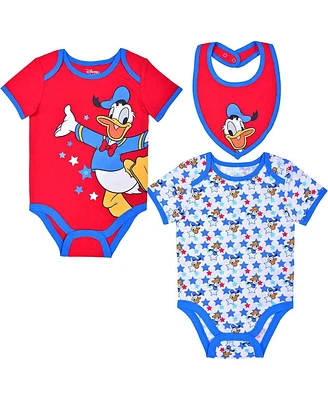 Baby Boys and Girls Donald Duck Red, White Mickey & Friends Bodysuit & Bib Three-Pack Set