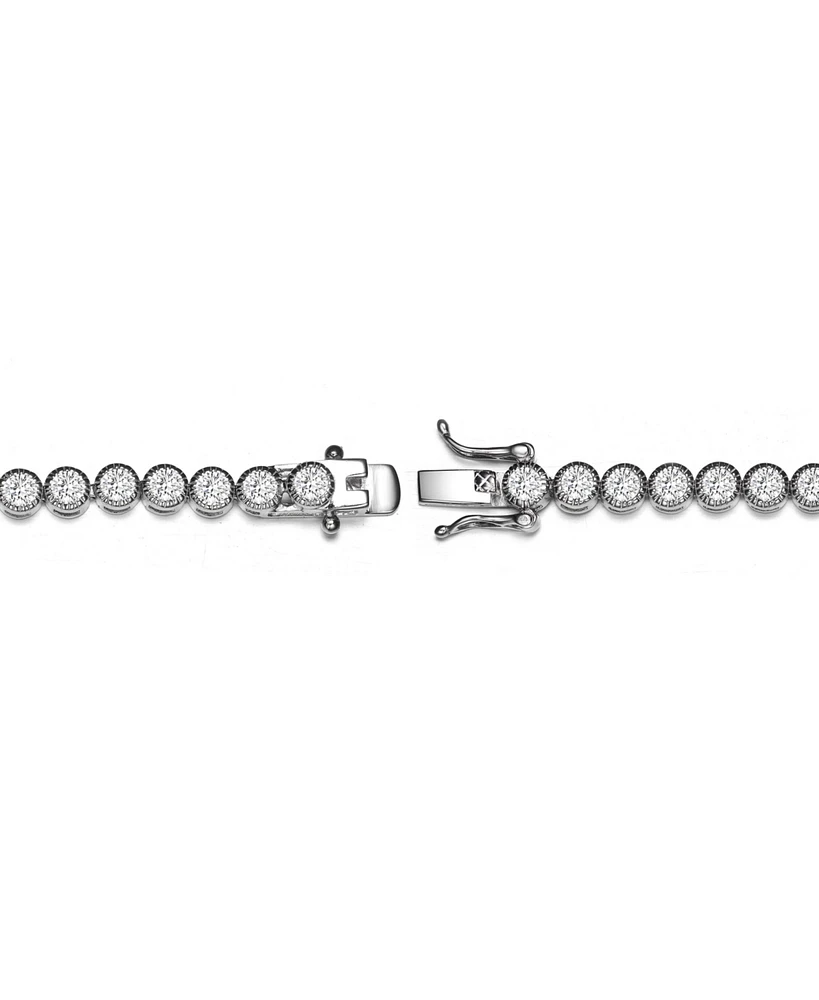 Stylish Sterling Silver with White Gold Plated Clear Round Cubic Zirconia Milgrain Bezel Tennis Bracelet