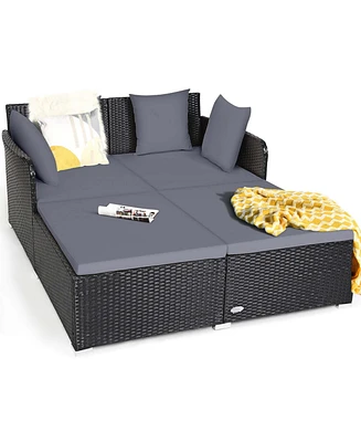 Outdoor Patio Rattan Daybed Pillows Cushioned Sofa Furniture