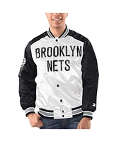 Men's Starter White, Black Brooklyn Nets Renegade Satin Full-Snap Varsity Jacket