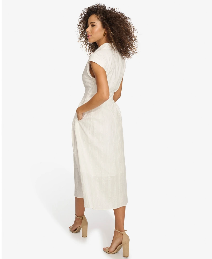 Women's Textured Stripe Midi Shirtdress with Collar