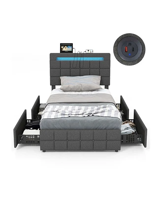 Upholstered Led Bed Frame with Headboard and 4 Drawers