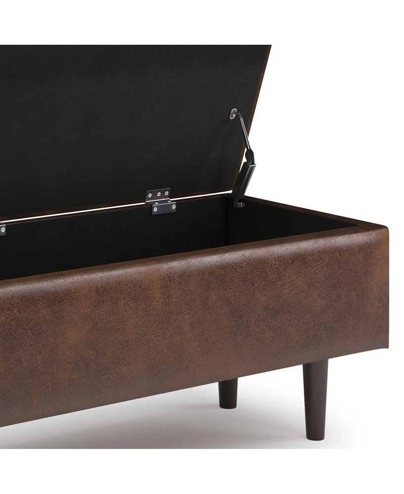 Simpli Home Shay Mid Century Rectangular Storage Ottoman in Distressed Chestnut Brown Pu Leather