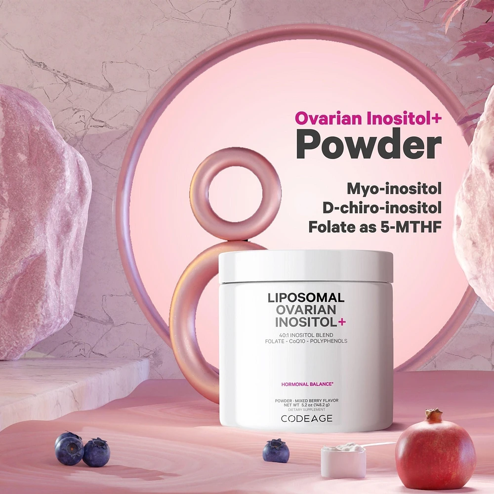 Codeage Liposomal Ovarian Inositol Powder - Myo-Inositol & D-Chiro-Inositol 40:1 Blend, Folate 5-mthf, CoQ10, Pte & Wild Blueberry - 2-Month Supply