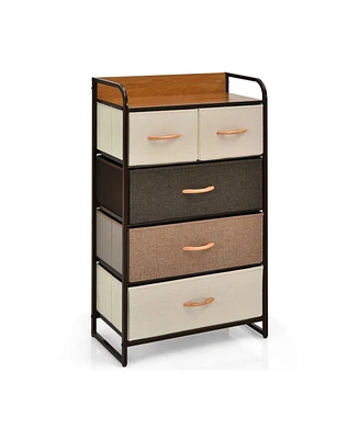 Sugift 4-Tier Organizer Tower Steel Frame Wooden Top Storage with 5-Drawer Dresser