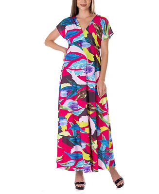 24seven Comfort Apparel Print V Neck Empire Waist Kimono Cap Sleeve Maxi Dress