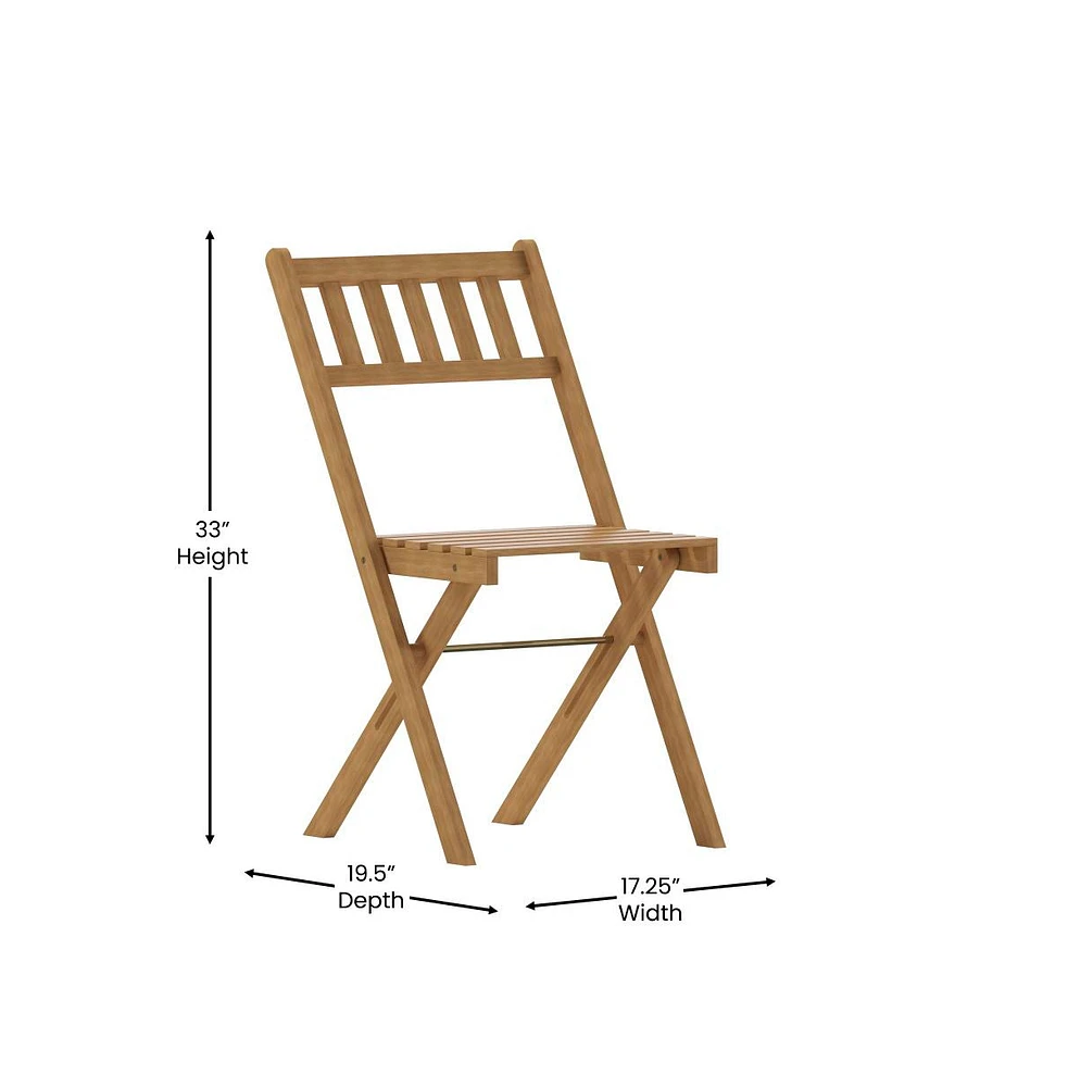 Merrick Lane Stora Set Of 2 Solid Acacia Wood Armless Folding Patio Bistro Chairs With Slatted Backs And Seats
