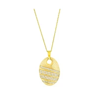 Gold Plated Over Sterling Silver Large Oval Brushed Cz Pendant Necklace