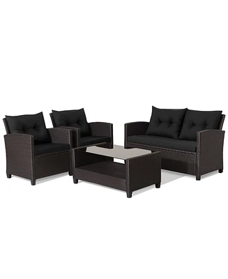 Gymax 4PCS Outdoor Conversation Set Patio Pe Rattan w/ Glass Table & Sofa Cushions
