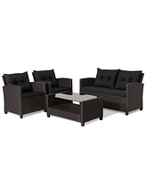 Gymax 4PCS Outdoor Conversation Set Patio Pe Rattan w/ Glass Table & Sofa Cushions