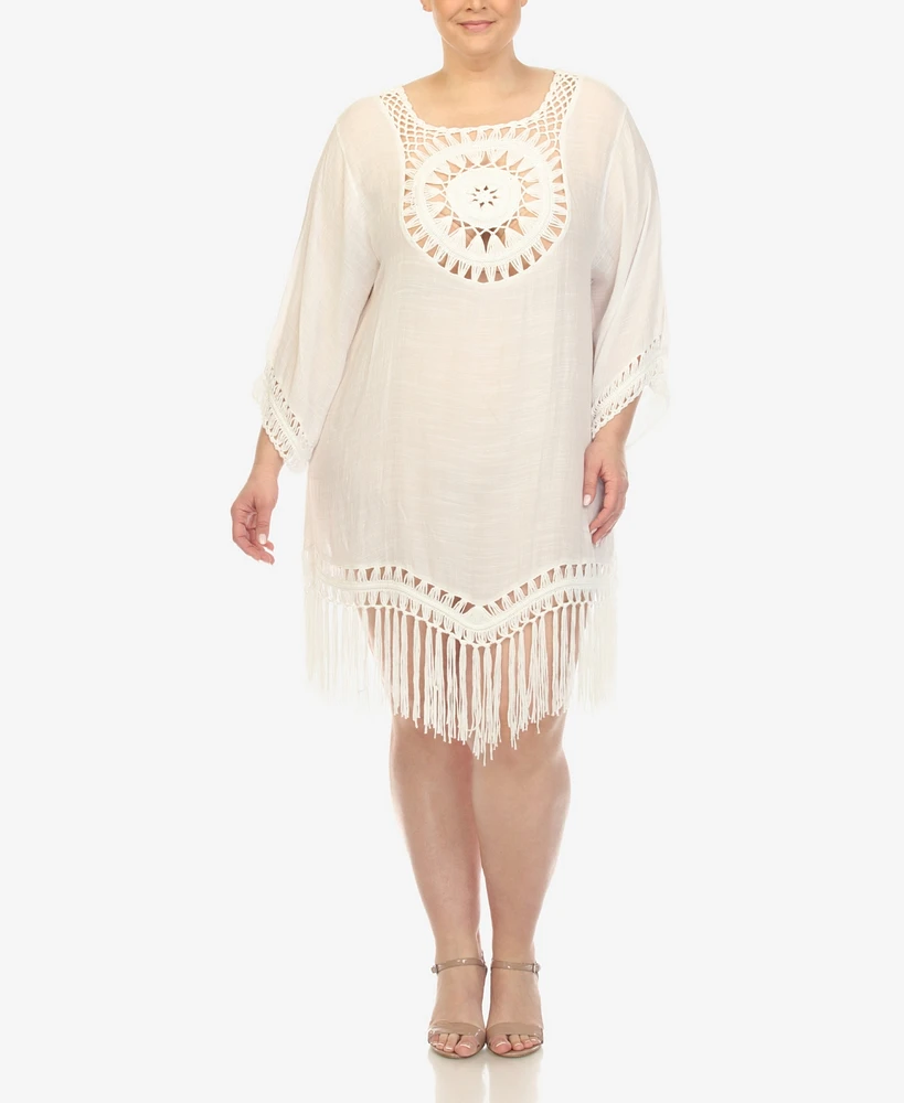 White Mark Plus Crocheted Fringed Trim Cover Up Dress