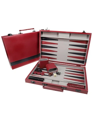We Games Burgundy/Black Leatherette Backgammon Set, 18 x 11 in. closed