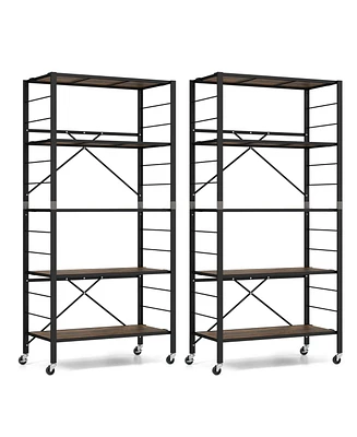 2 Pcs 5-Tier Folding Shelf Free Diy Design Shelving Unit with 4 Universal Wheels