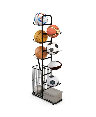 7-Tier Ball Storage Rack with 7 Removable Hanging Rods & Side Ball Basket