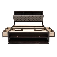 Wood Queen Size Platform Bed With Storage Headboard, Shoe Rack And 4 Drawers