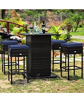 5 Pieces Patio Rattan Cushioned Bar Furniture Set with Hidden Storage Shelf