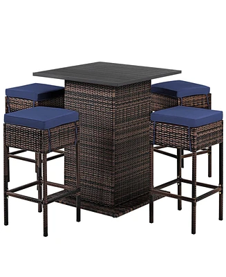 5 Pieces Patio Rattan Cushioned Bar Furniture Set with Hidden Storage Shelf