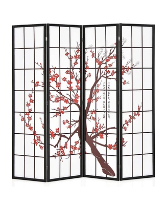 4-Panel Japanese Style Folding Room Divider with Elegant Plum Blossom Design Indoor
