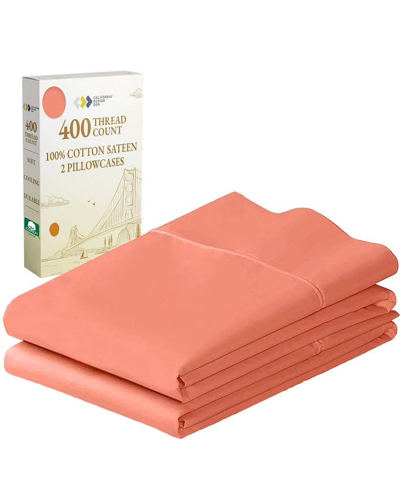 Pillowcase Set - 400 Thread Count, 100% Cotton Sateen, of 2 Pillow Covers, Breathable, Cooling