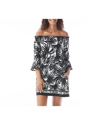 Beach House Style Palm Print Kelsea Smocked Off the Shoulder Dress