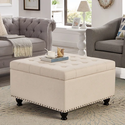 Beige upholstered storage ottoman with wooden legs