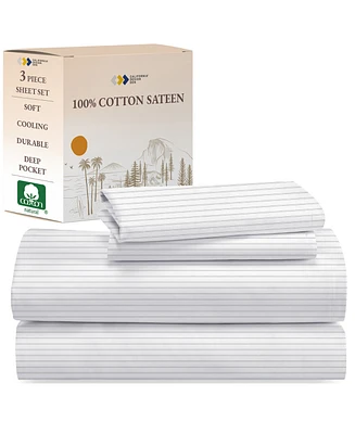 Stripe Sheet Set Twin Xl, Soft 100% Cotton Sateen, 3 Pc Deep Pocket Bedding Sheets & Pillowcase - Classic