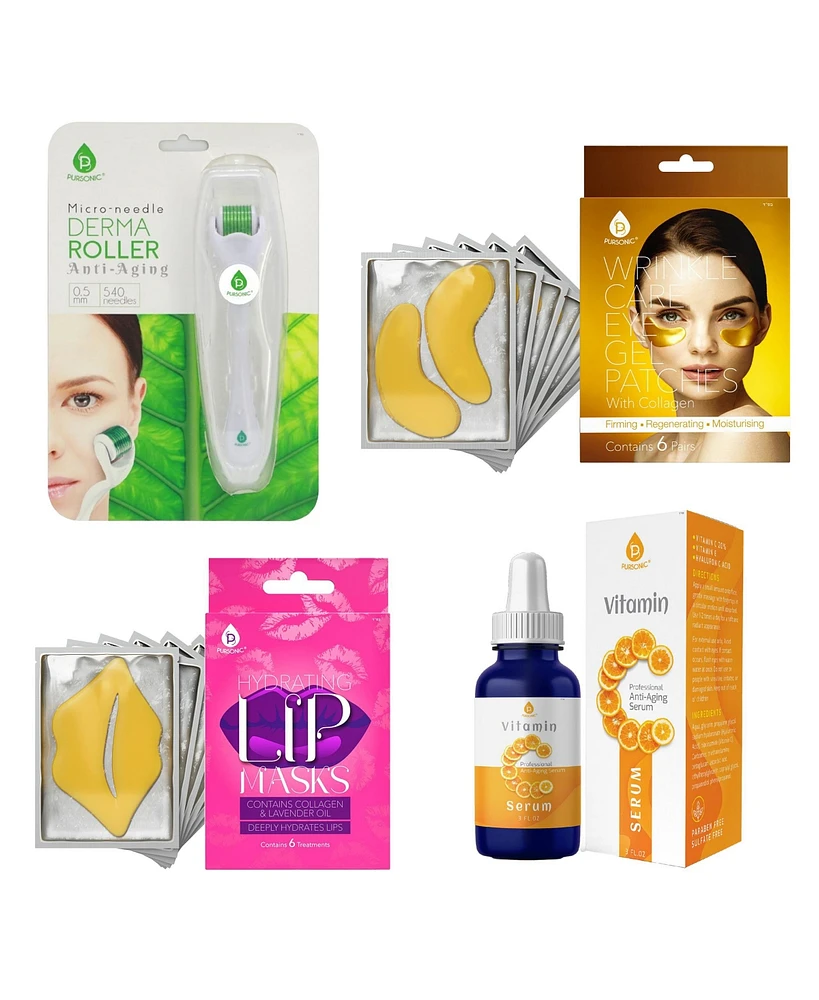 Pursonic's Ultimate Bundle: Vitamin C Serum, Wrinkle Care Eye Gel Patches, Hydrating Lip Masks and Micro Needle Derma Roller 0.5 mm