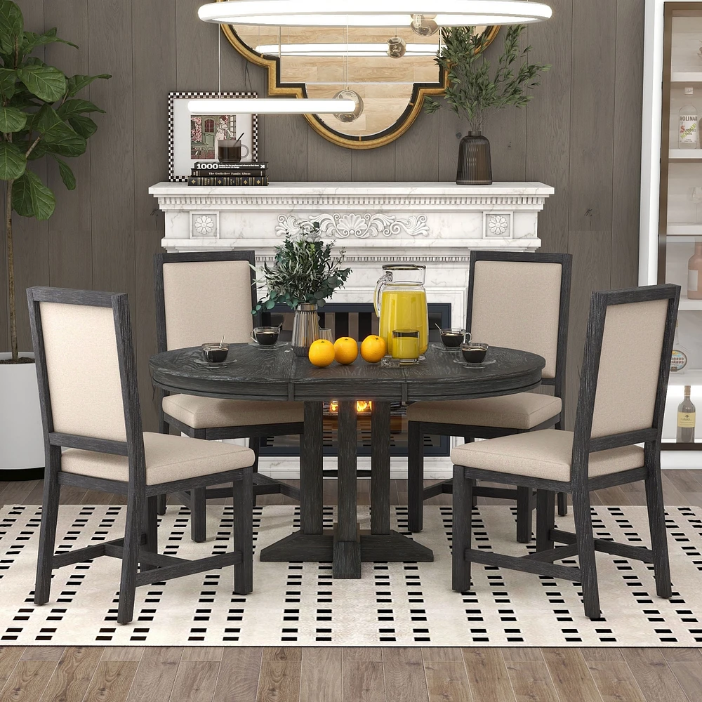 5-Piece Dining Set Extendable Round Table And 4 Upholstered Chairs Farmhouse Dining Set