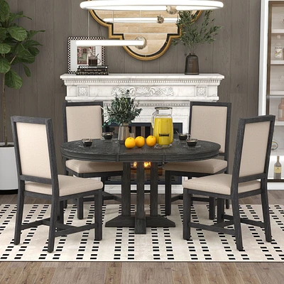 5-Piece Dining Set Extendable Round Table And 4 Upholstered Chairs Farmhouse Dining Set