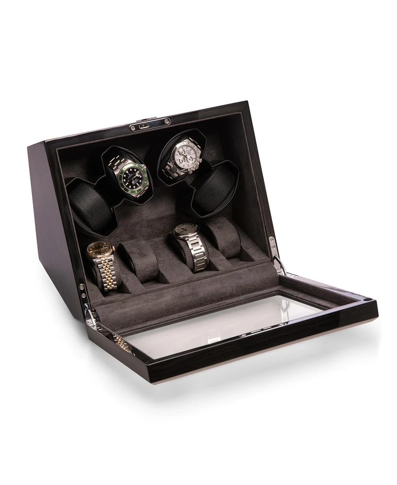 Bey-Berk Ash wood high lacquer four watch winder and four watch storage case with glass top