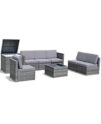 Gymax Set of 8 Gray Rattan Wicker Sofa & Table Outdoor Cushioned Sectional Patio Furniture