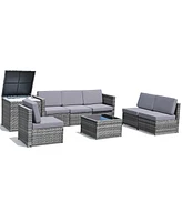 Gymax Set of 8 Gray Rattan Wicker Sofa & Table Outdoor Cushioned Sectional Patio Furniture