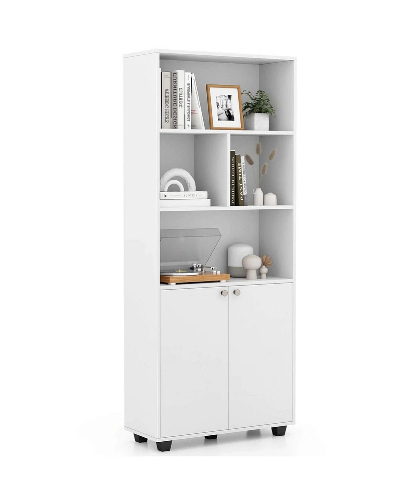 66" Tall Home 5 Tier Free Standing Bookshelf 2-Door Storage Cabinet Display Rack