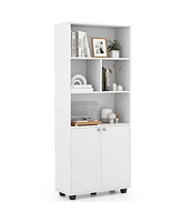 66" Tall Home 5 Tier Free Standing Bookshelf 2-Door Storage Cabinet Display Rack