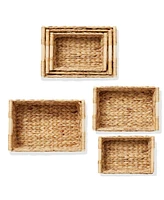 Casafield (Set of 3) Water Hyacinth Rectangular Storage Baskets with Wooden Handles - Small, Medium, Large Woven Nesting Baskets - Natural