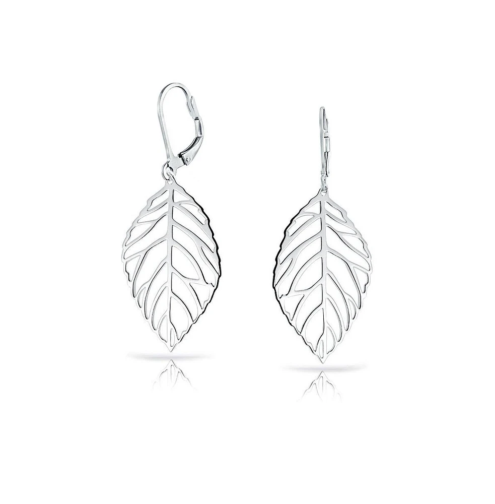 Bling Jewelry Large Tribal Nature Style Lightweight Open Leaf Feather Drop Dangle Lever Back Earrings Sterling Silver