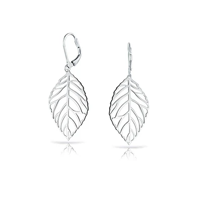 Bling Jewelry Large Tribal Nature Style Lightweight Open Leaf Feather Drop Dangle Lever Back Earrings Sterling Silver