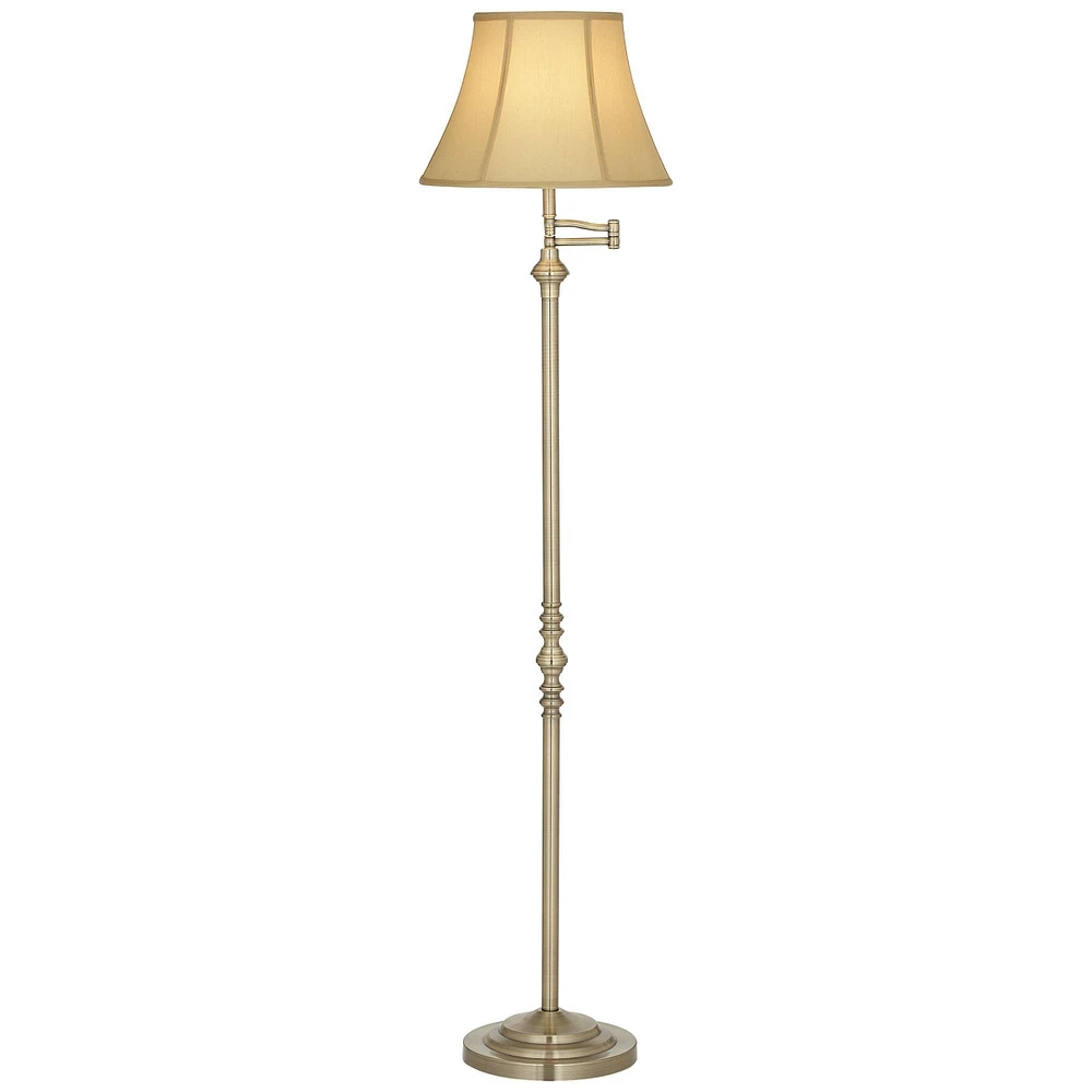 Montebello Traditional Adjustable Swing Arm Floor Lamp Standing 60" Tall Antique Brass Metal Column Golden Tan Bell Shade for Living Room Reading