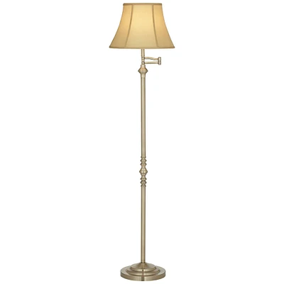 Montebello Traditional Adjustable Swing Arm Floor Lamp Standing 60" Tall Antique Brass Metal Column Golden Tan Bell Shade for Living Room Reading