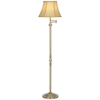 Montebello Traditional Adjustable Swing Arm Floor Lamp Standing 60" Tall Antique Brass Metal Column Golden Tan Bell Shade for Living Room Reading