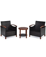 3PCS Patio Wicker Sofa Set Acacia Wood Frame