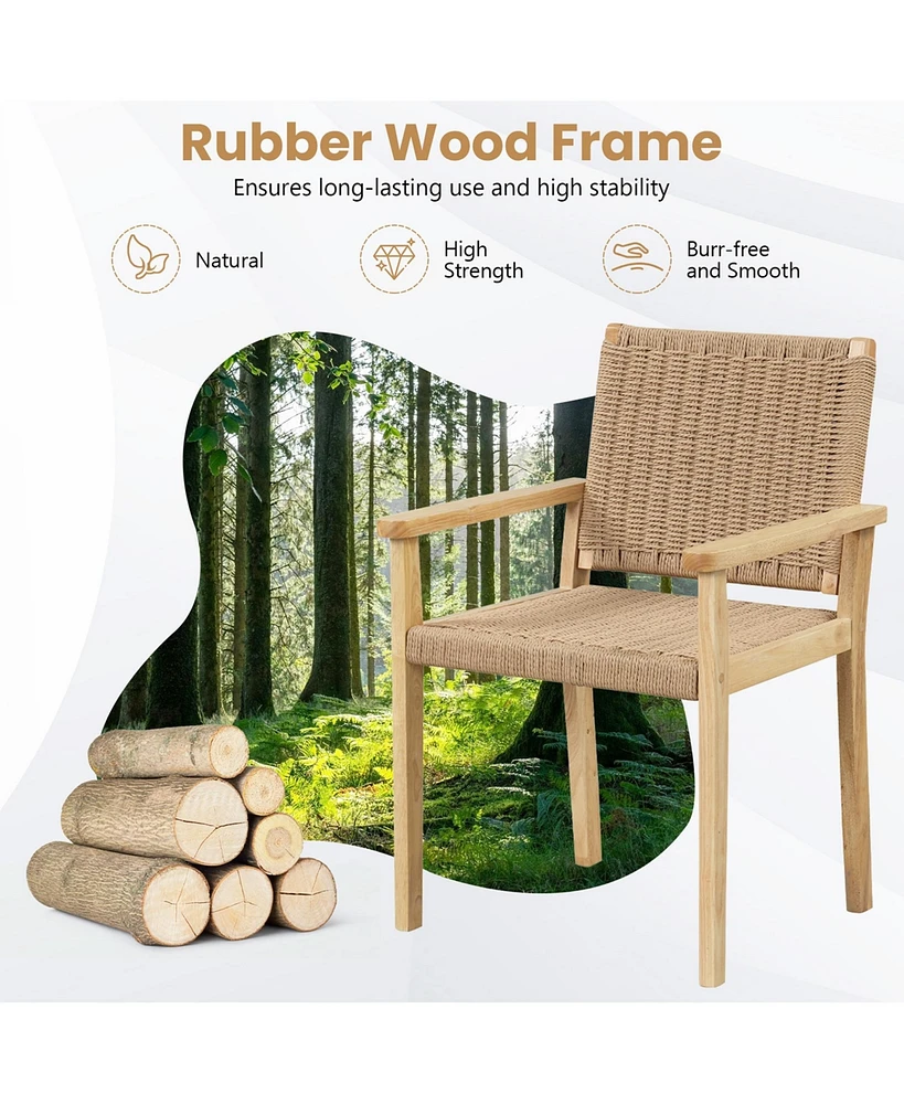 Patio Chair Set of 2 Rubber Wood Dining Armchairs Paper Rope Woven Seat