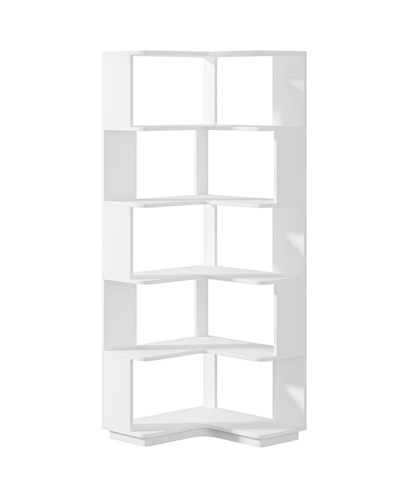 Tribesigns 6 Tier Corner Bookshelf, 64.9 Inch Tall Industrial Bookcase with Anti-Drop Panel, Freestanding Wood Grain Shelf Display Rack