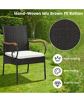 4PCS Patio Pe Wicker Chairs Acacia Wood Armrests with Soft Zippered Cushion Garden