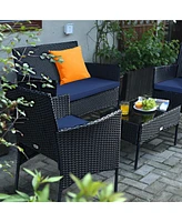 4PCS Patio Rattan Furniture Set Cushioned Sofa Coffee Table Backyard