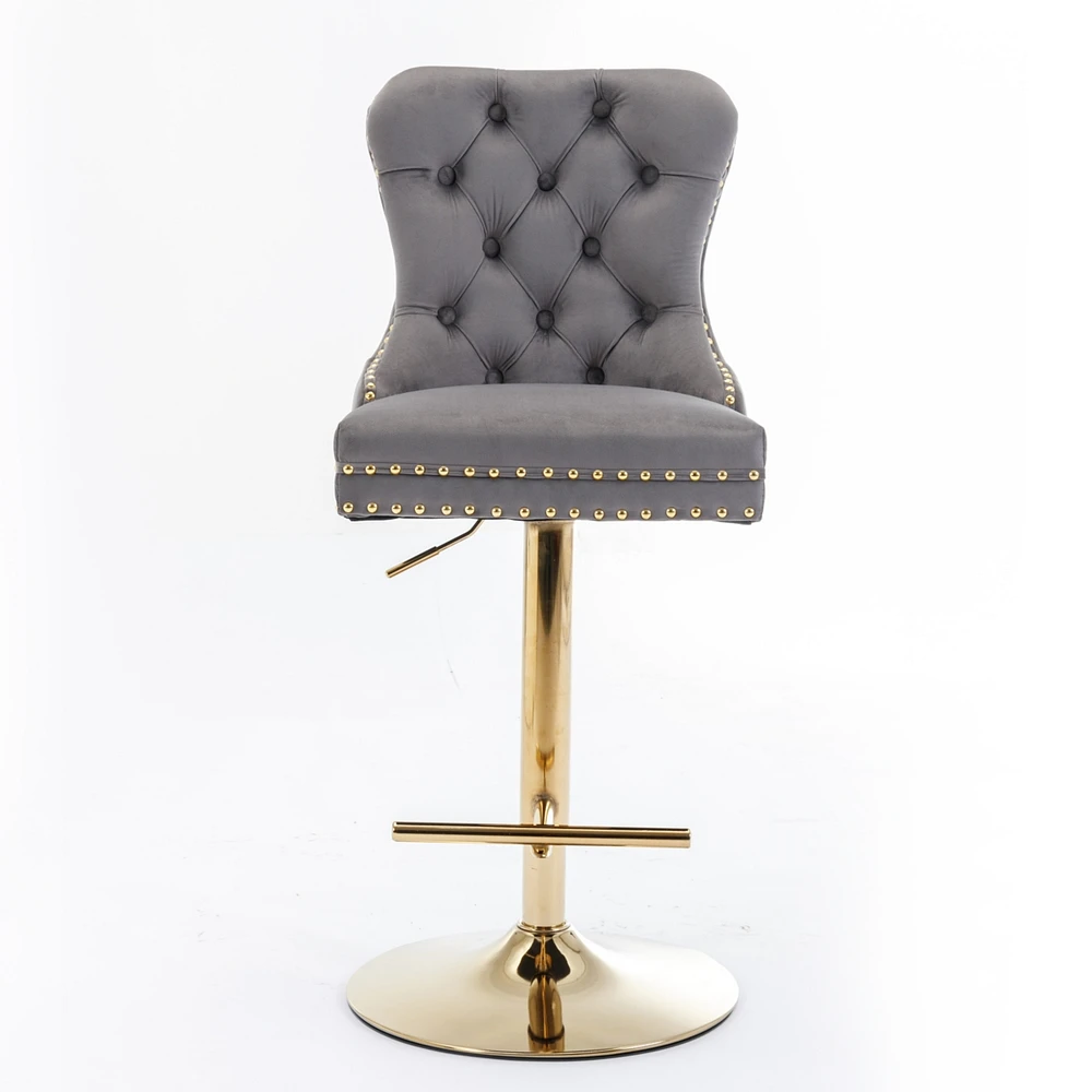 Gray Velvet Swivel Bar Stools, Set of 2