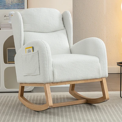 Teddy Fabric Rocking Chair With Packet Wood Legs, Ivory