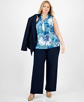 Tahari Asl Plus Size Printed Sailor Tie-Neck Blouse