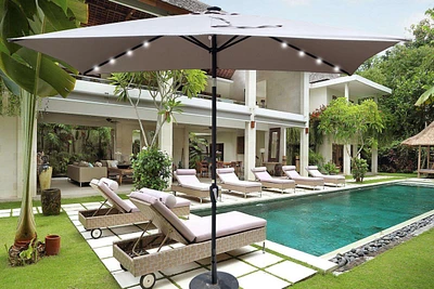 Solar Led Patio Umbrella: Crank, Tilt, 10x6.5 ft