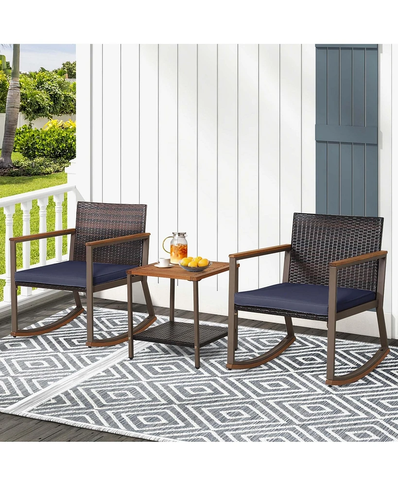 3 Pcs Patio Rattan Rocking Chair Bistro Set Armrest Cushion Table with Storage Shelf